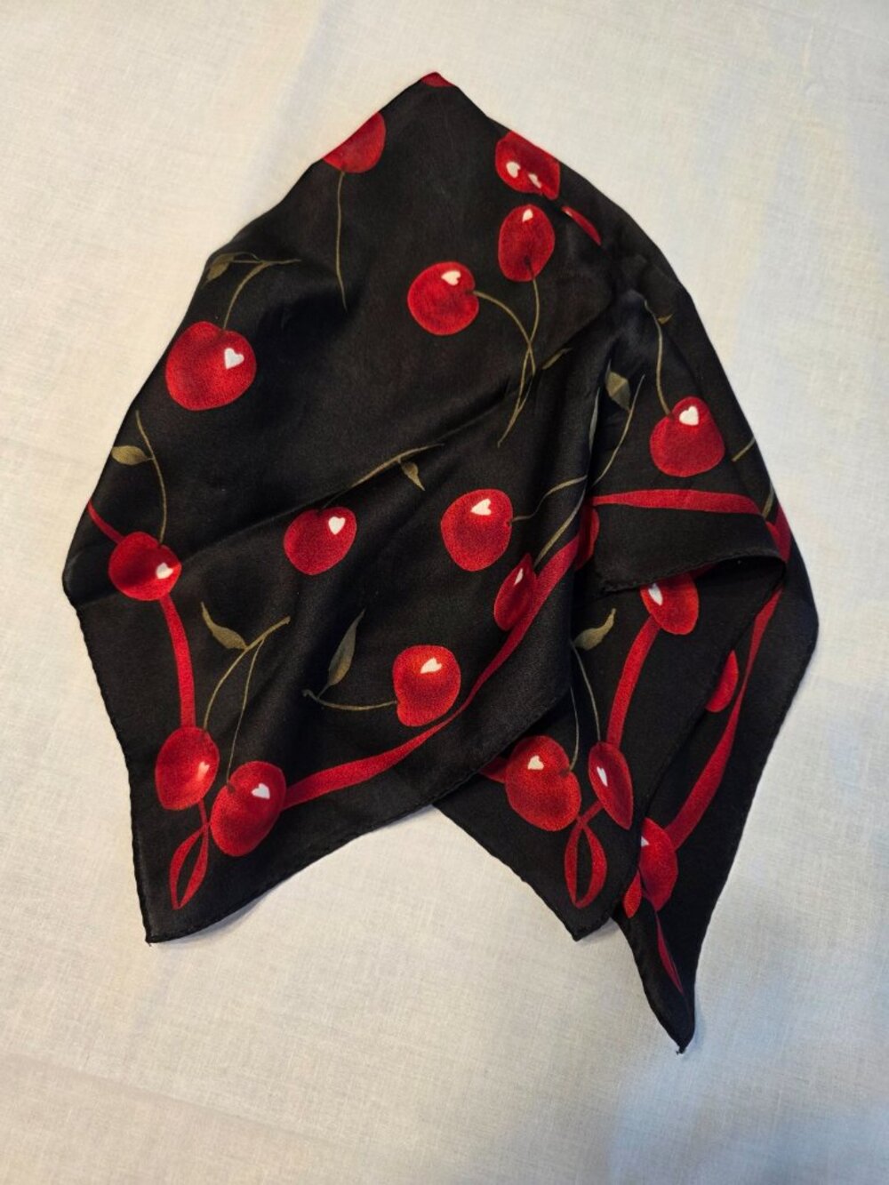 Cherry Print Square Scarf Fruit Accessory Red Black Stems Kitschy 1950s Vibe